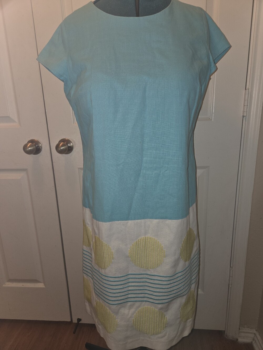 Boden Aqua Shift Dress Embroidered Hem Cotton